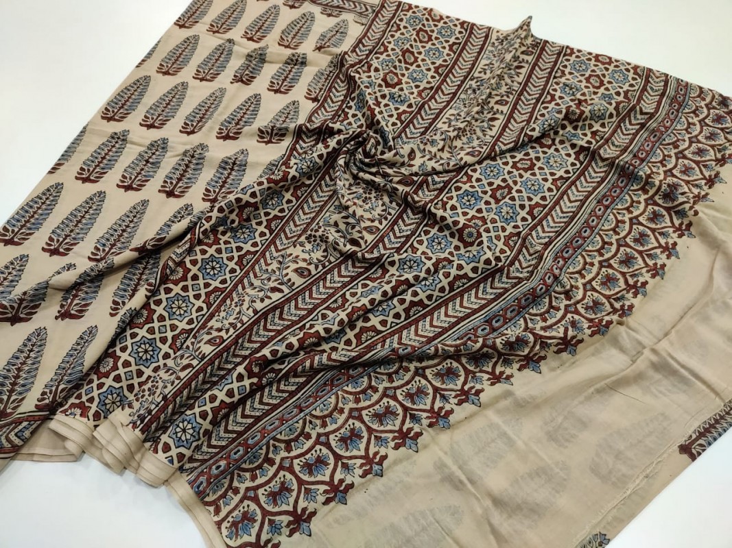 Cream  and brown  Ajrakh pure Handblock Printed Mul Cotton Sarees