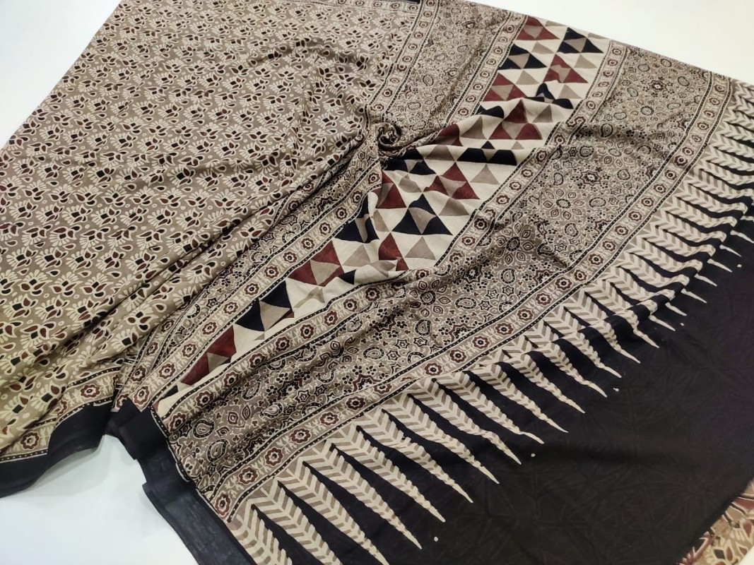Cream and black Ajrakh pure Handblock Printed Mul Cotton Sarees