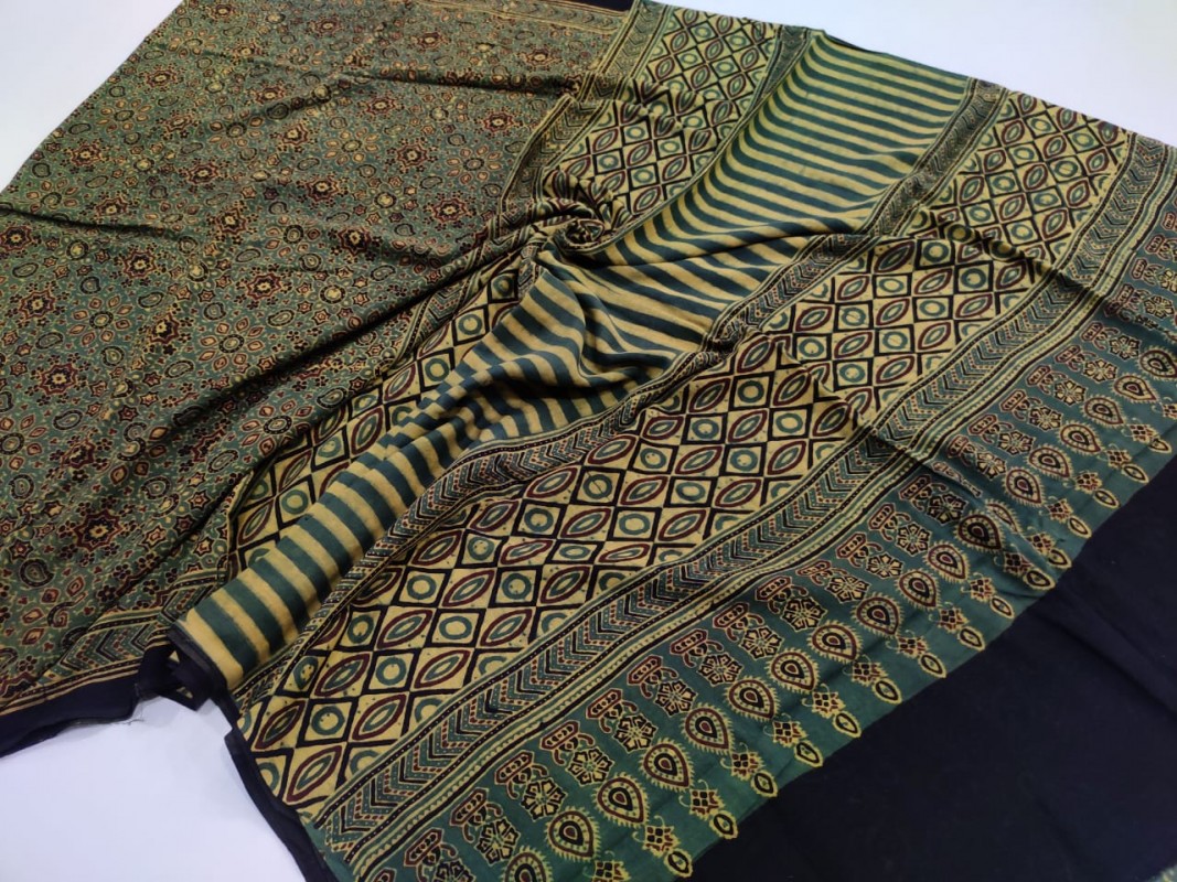 Green and black Ajrakh pure Handblock Printed Mul Cotton Sarees