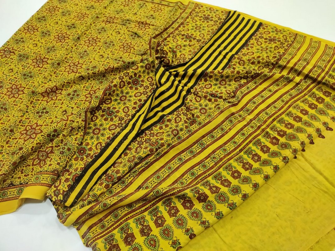 Yellow Ajrakh pure Handblock Printed Mul Cotton Sarees
