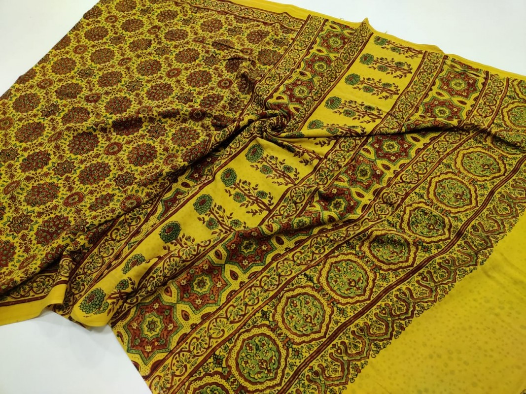Yellow and red Ajrakh pure Handblock Printed Mul Cotton Sarees