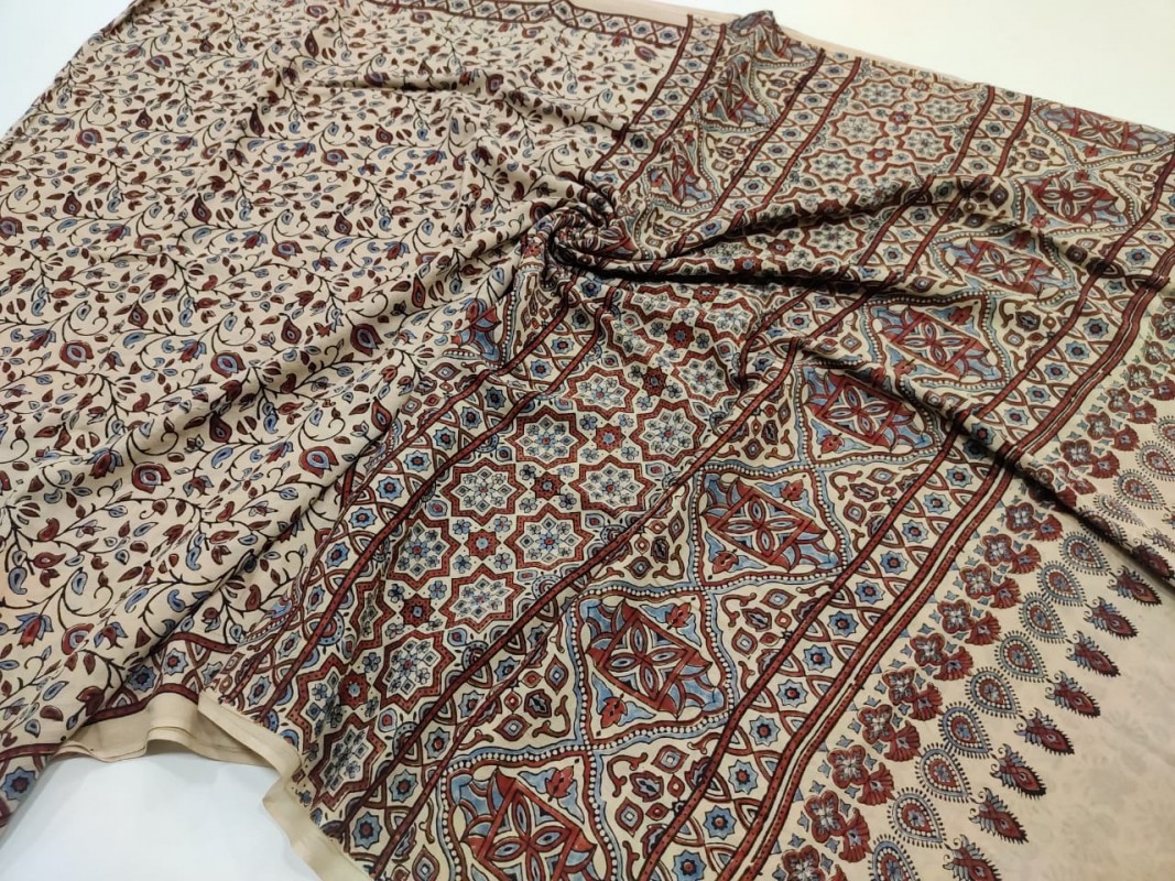 Cream and red Ajrakh pure Handblock Printed Mul Cotton Sarees