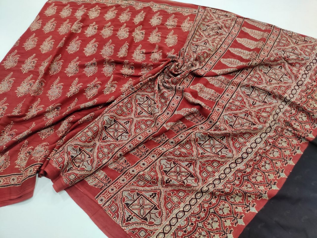 Red Ajrakh pure Handblock Printed Mul Cotton Sarees