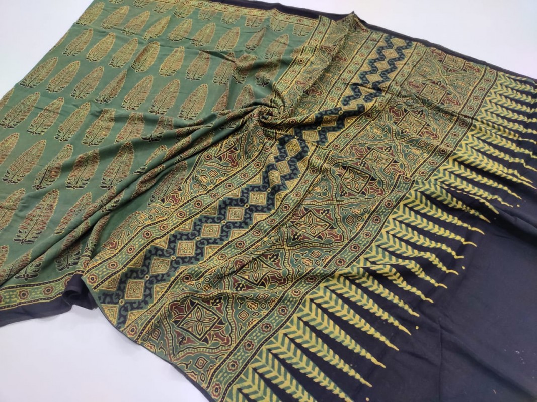 Green and black Ajrakh pure Handblock Printed Mul Cotton Sarees