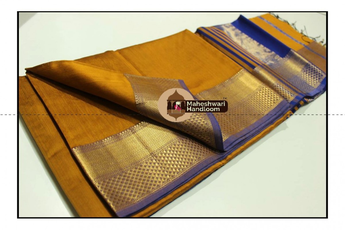 Maheshwari Mustard Yellow Jari Diamond Chatai Border Saree