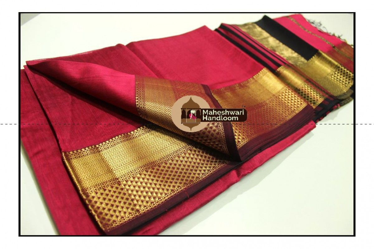 Maheshwari Peach Pink  Jari Half Chatai Border Saree