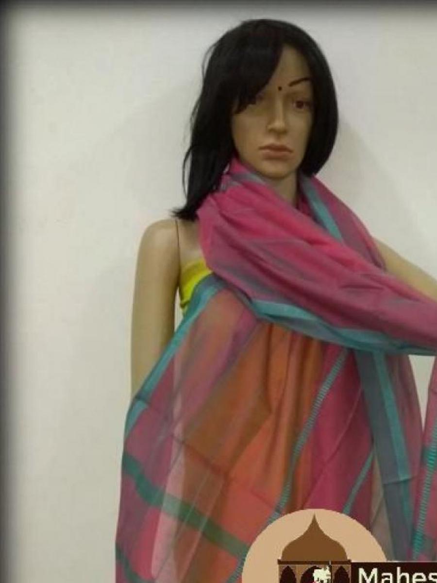 Maheshwari Pink Silk Dupatta With Blue Border