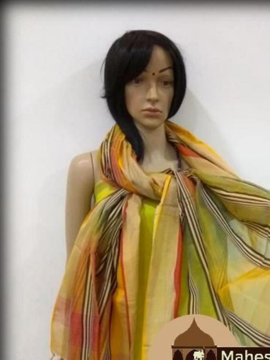 Maheshwari Green Silk Dupatta With Yellow Border