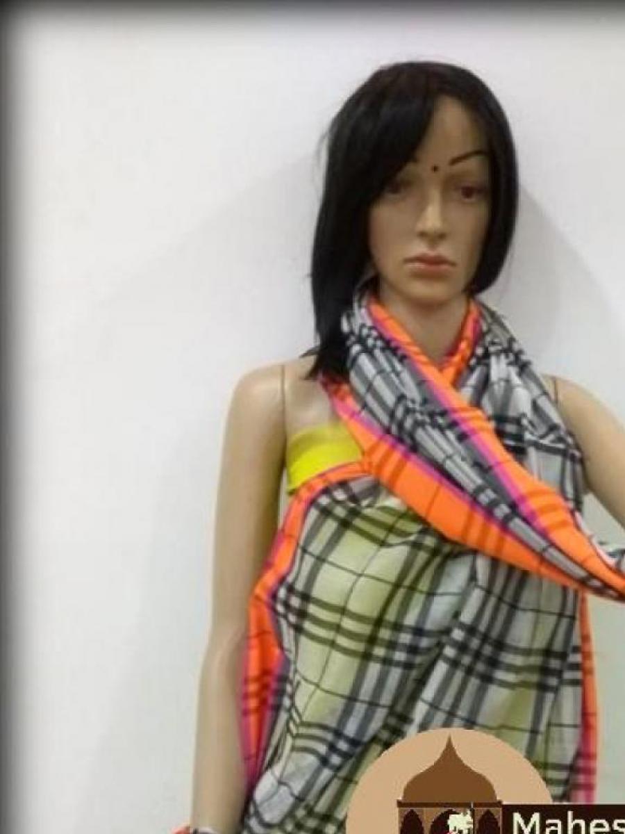 Maheshwari Grey Dupatta With Orange Border