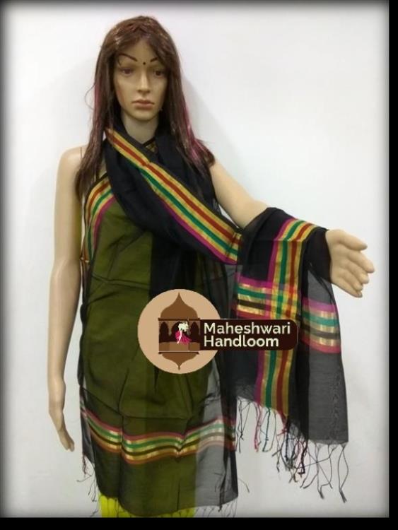 Maheshwari Black Dupatta With Multi Color Border