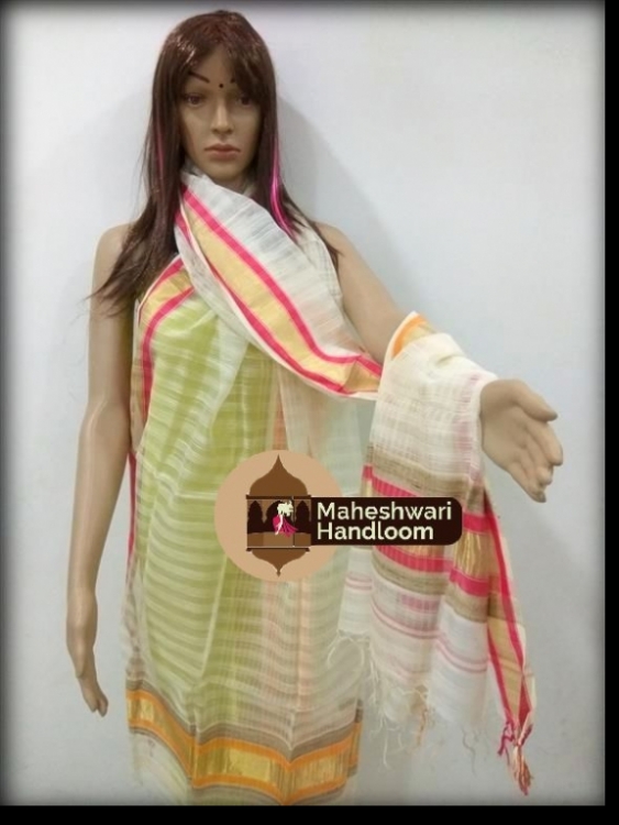 Maheshwari White Dupatta With Red Border