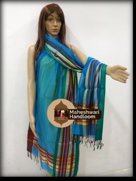 Maheshwari Light Blue Silk Dupatta With Multi Color Border