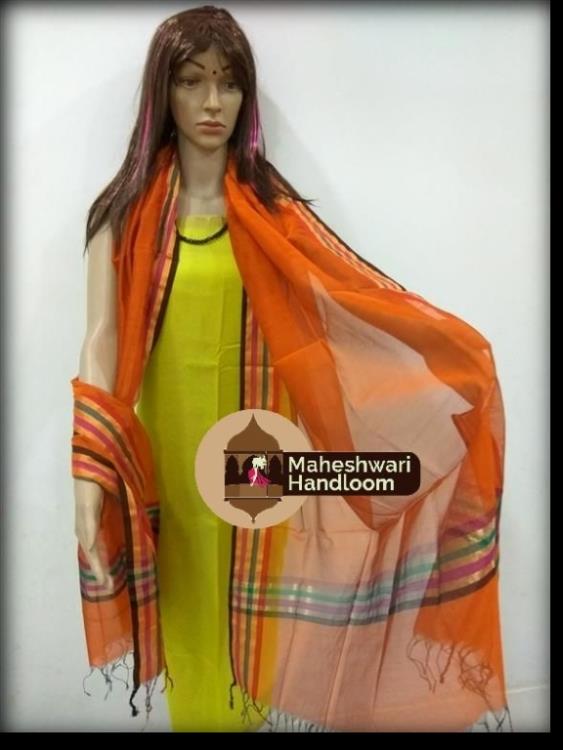 Maheshwari Orange Silk Dupatta With Multi Color Border