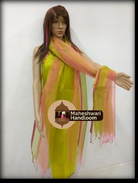 Maheshwari Light Green Dupatta With Orange Border