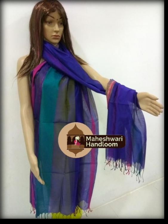 Maheshwari Dark Blue Dupatta With Pink Border