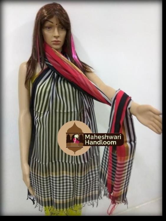 Maheshwari Black And White Lining Dupatta With Pink Border
