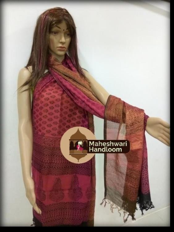 Maheshwari Pink Dupatta With Hand Block Print