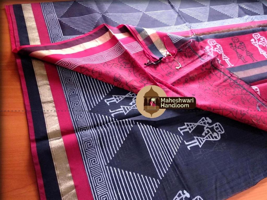 Maheshwari Black Handblock Geometric Printed Saree