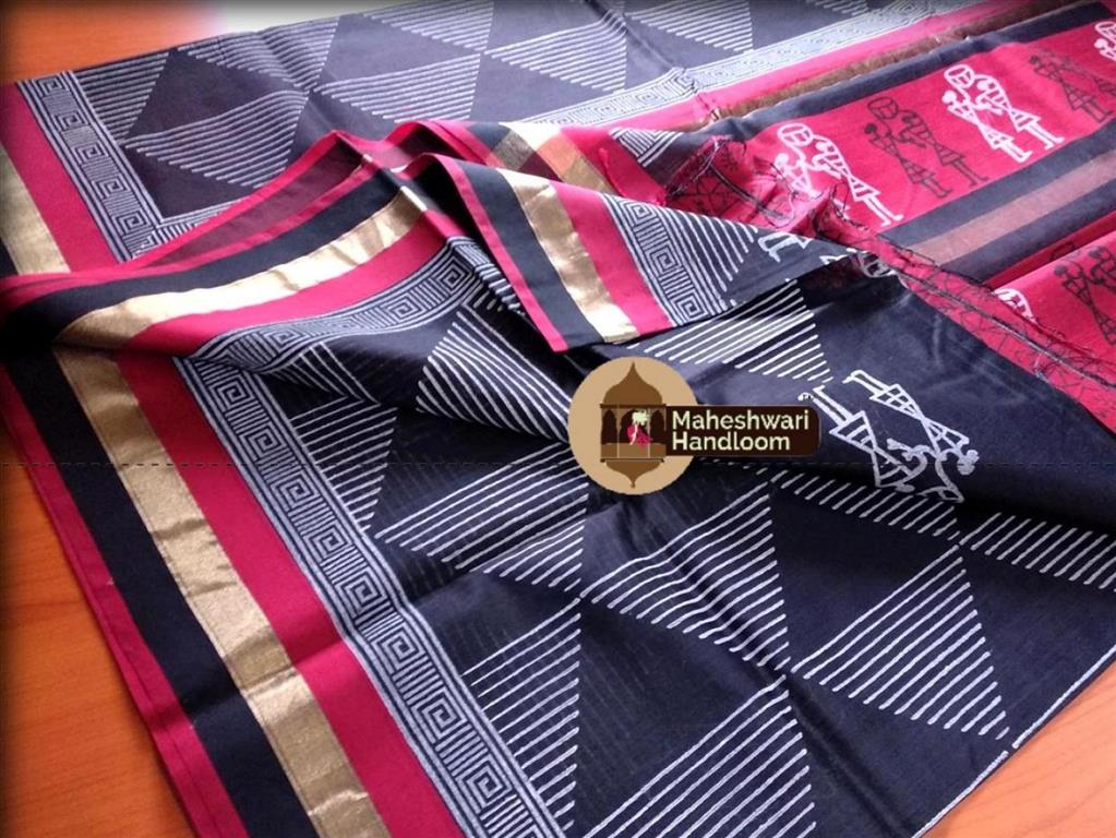 Maheshwari Black Handblock Geometric Printed Saree