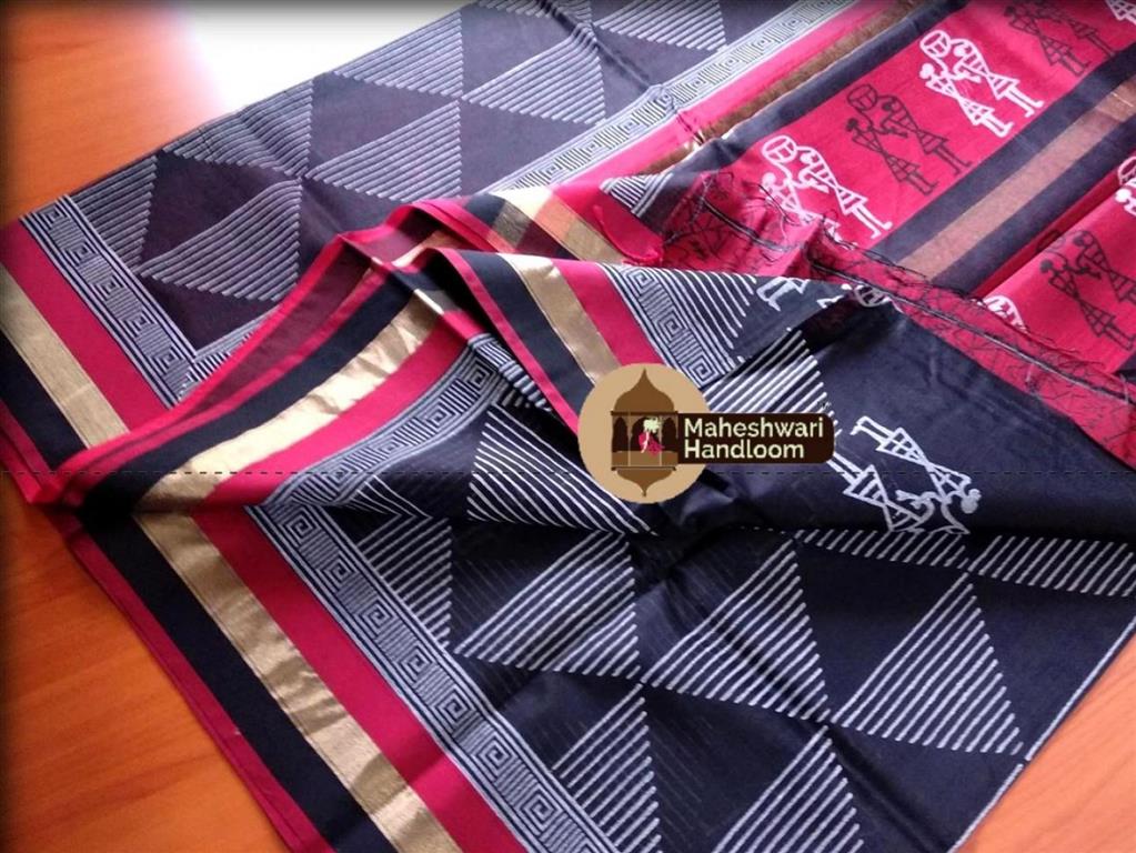 Maheshwari Black Handblock Geometric Printed Saree