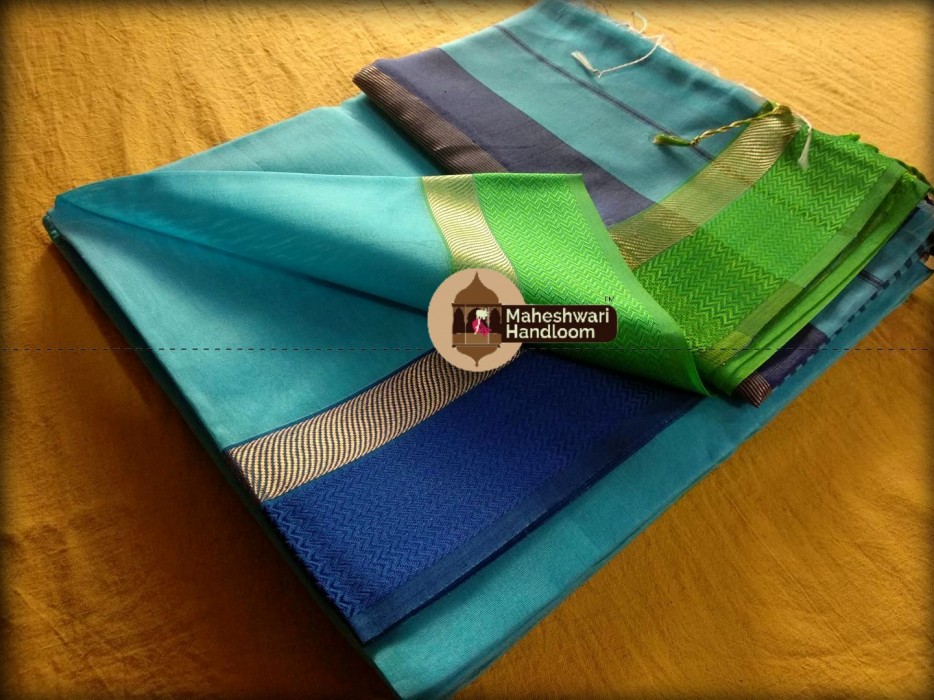 Maheshwari Sea Blue Ganga Jamuna saree 