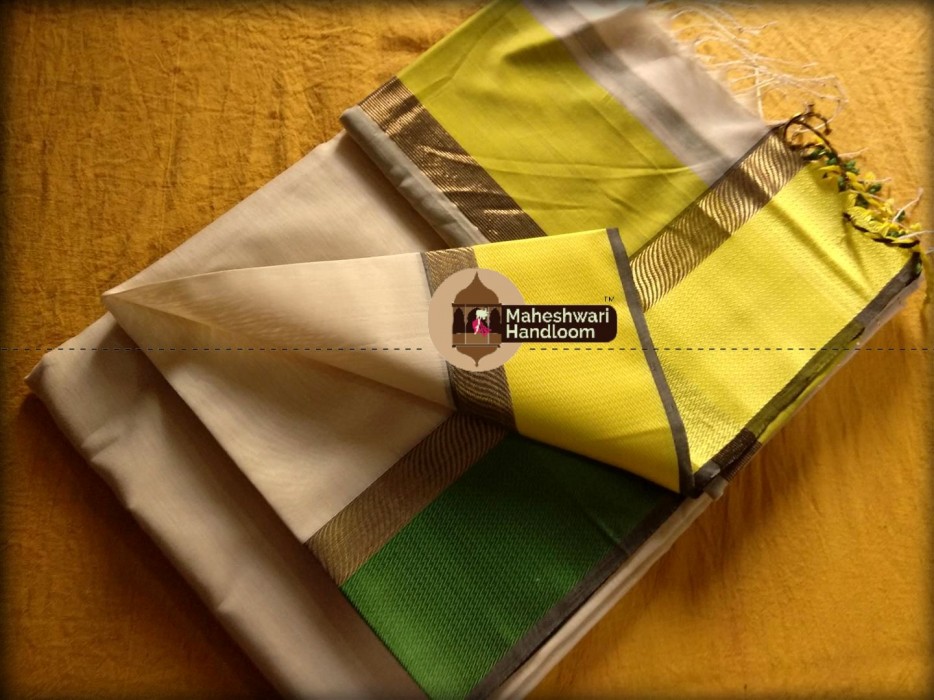 Maheshwari Cream Ganga Jamuna saree