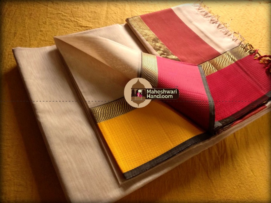 Maheshwari Cream Ganga Jamuna saree