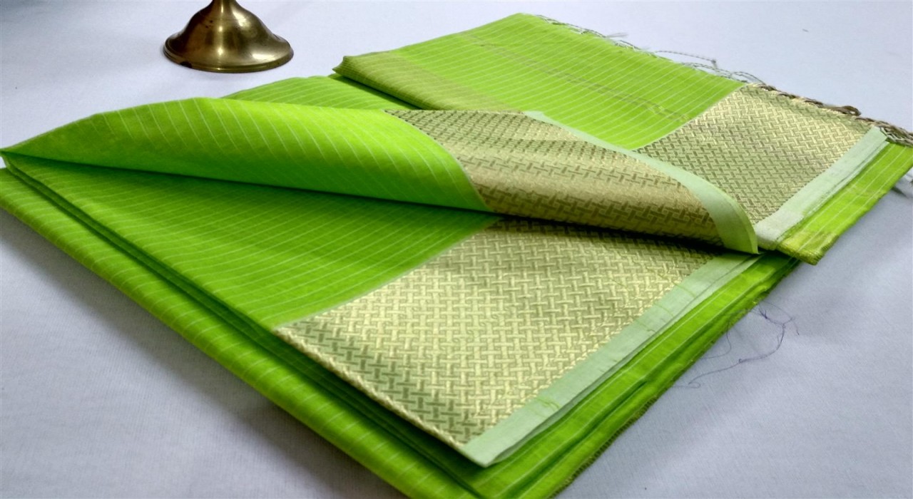 Maheshwari Handlooom Works Borad Maheshwari  Green Silk Cotton Saree