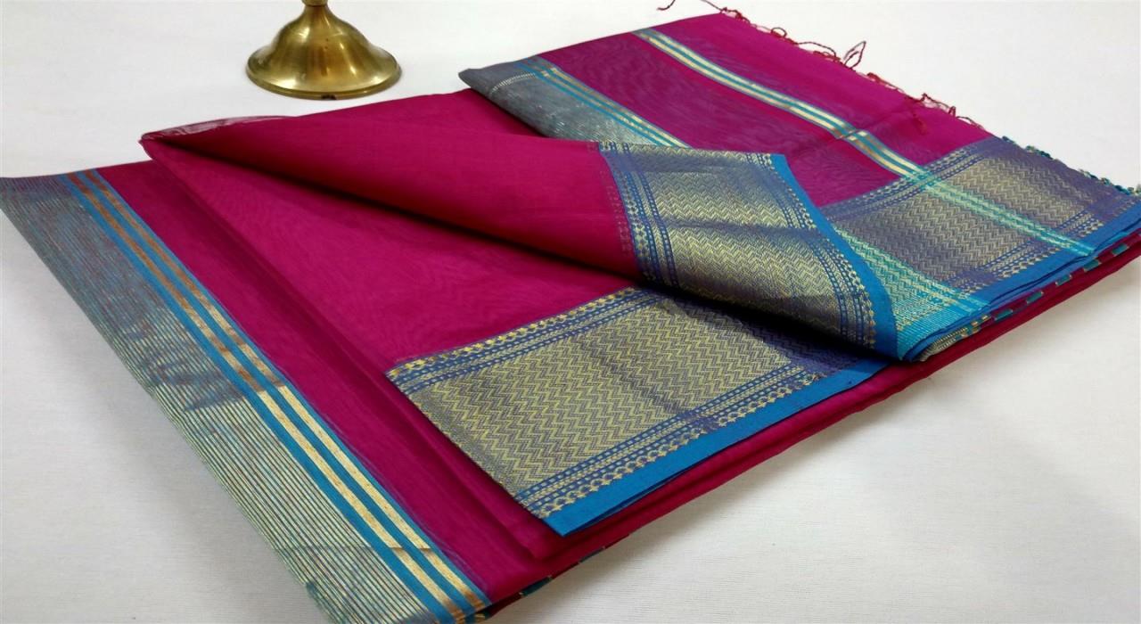 Maheshwari Handloom Works Maheshwari  Jari Lehar Border Silk Cotton Saree