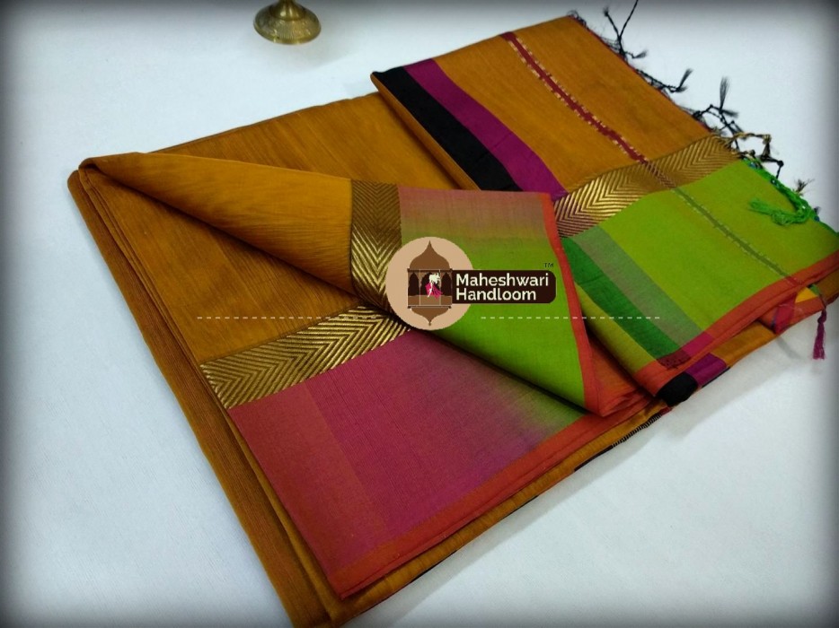 Maheshwari Mustard Yellow Shaded Border Saree