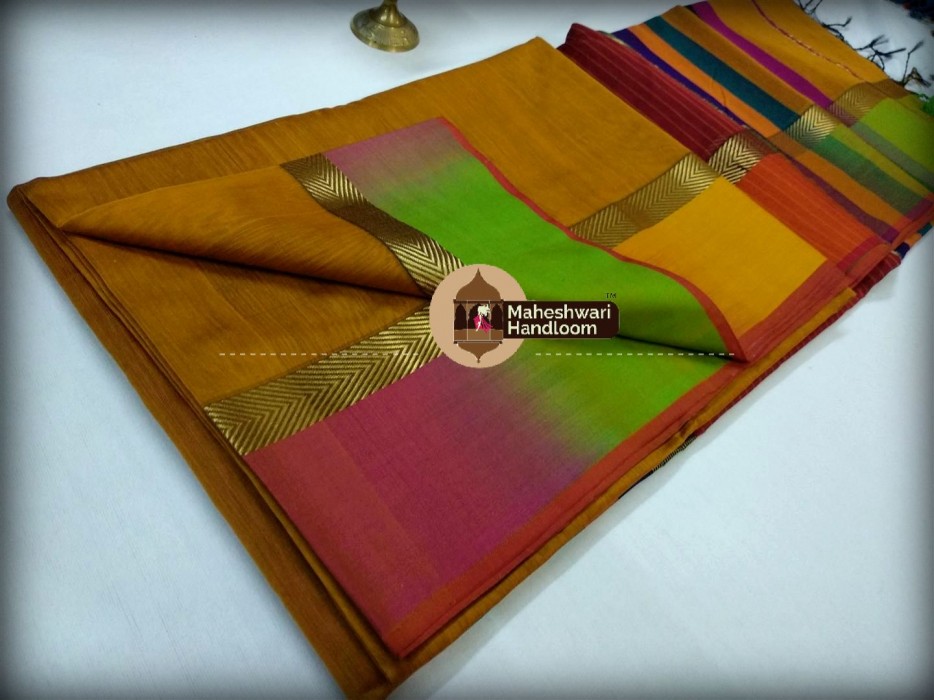 Maheshwari Mustard Yellow Shaded Border Saree