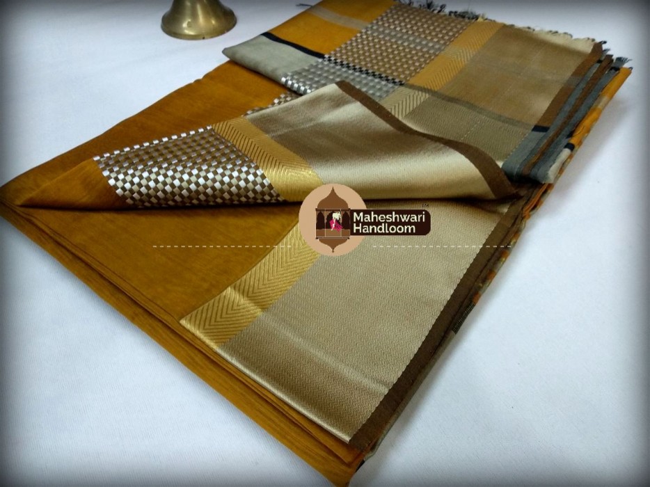 Maheshwari Mustard Yellow  Shatranj  Border Saree