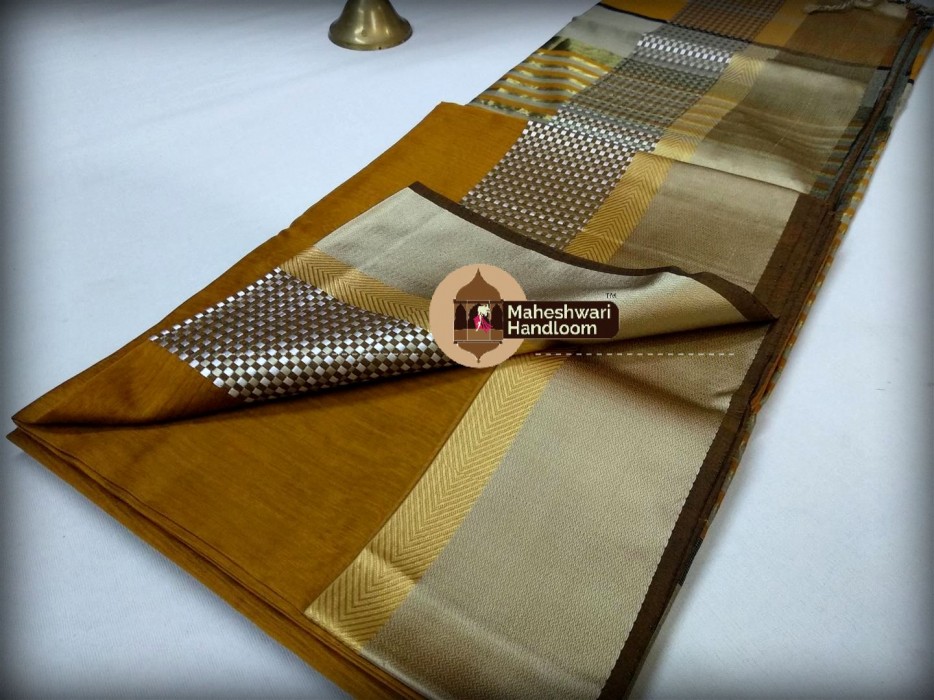 Maheshwari Mustard Yellow  Shatranj  Border Saree