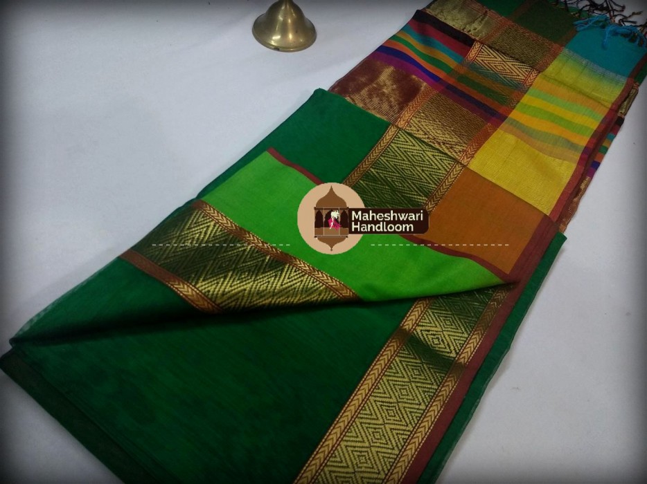 Maheshwari Chutney Green  Shahded Jari Border Saree 