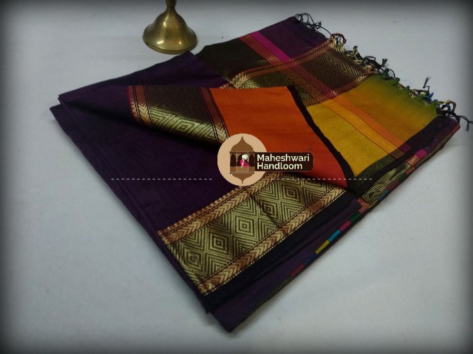 Maheshwari Dark Purple Shahded Jari Border Saree