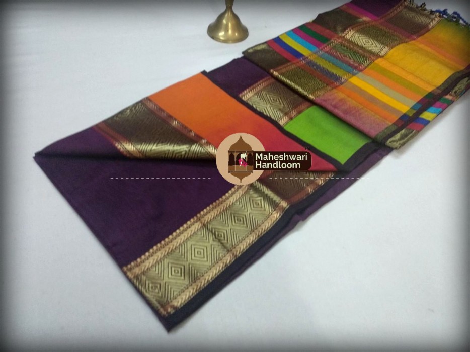 Maheshwari Dark Purple Shahded Jari Border Saree