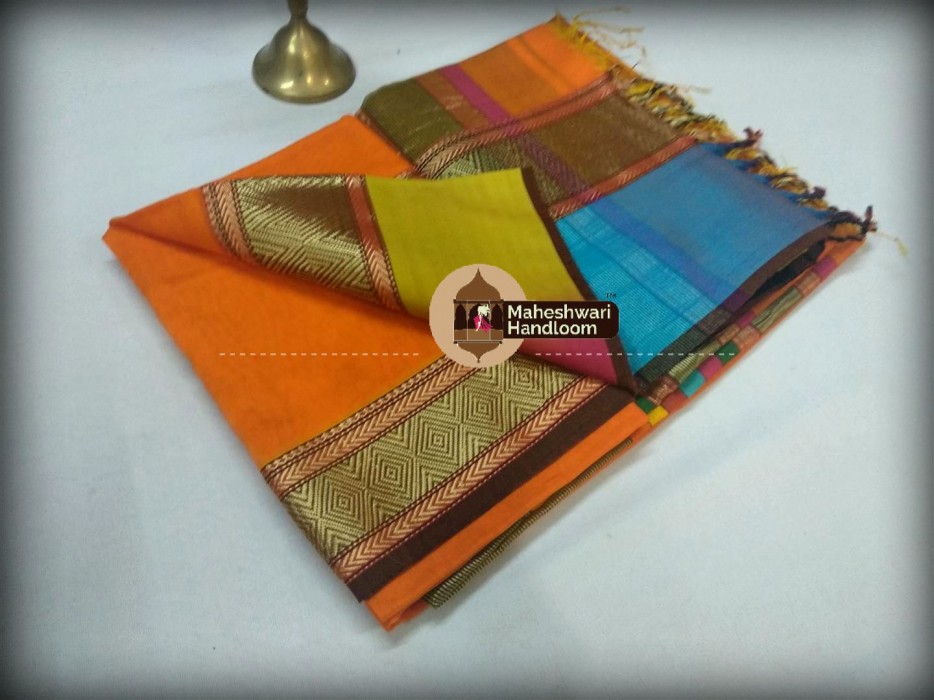 Maheshwari Orange Shahded Jari Border Saree