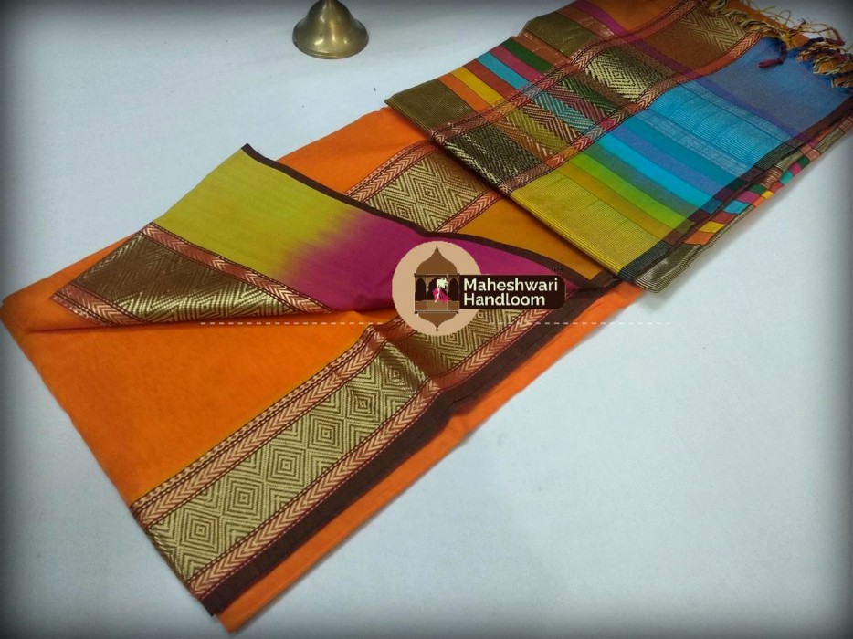 Maheshwari Orange Shahded Jari Border Saree