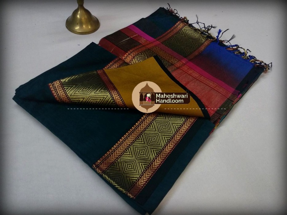 Maheshwari Rama Green Shahded Jari Border Saree