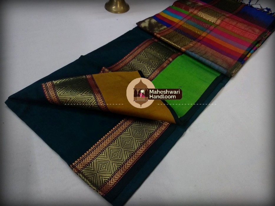Maheshwari Rama Green Shahded Jari Border Saree