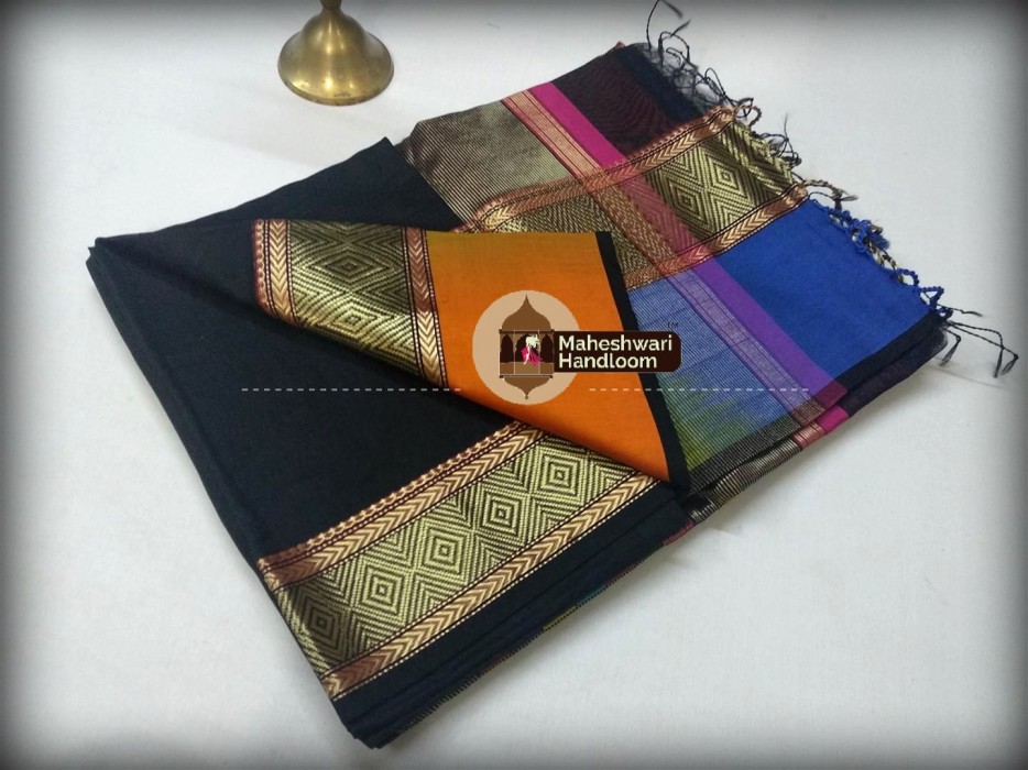 Maheshwari Black Shahded Jari Border Saree