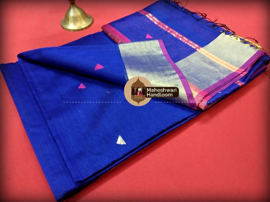 Maheshwari Blue Triangle Buti - Motifs Saree