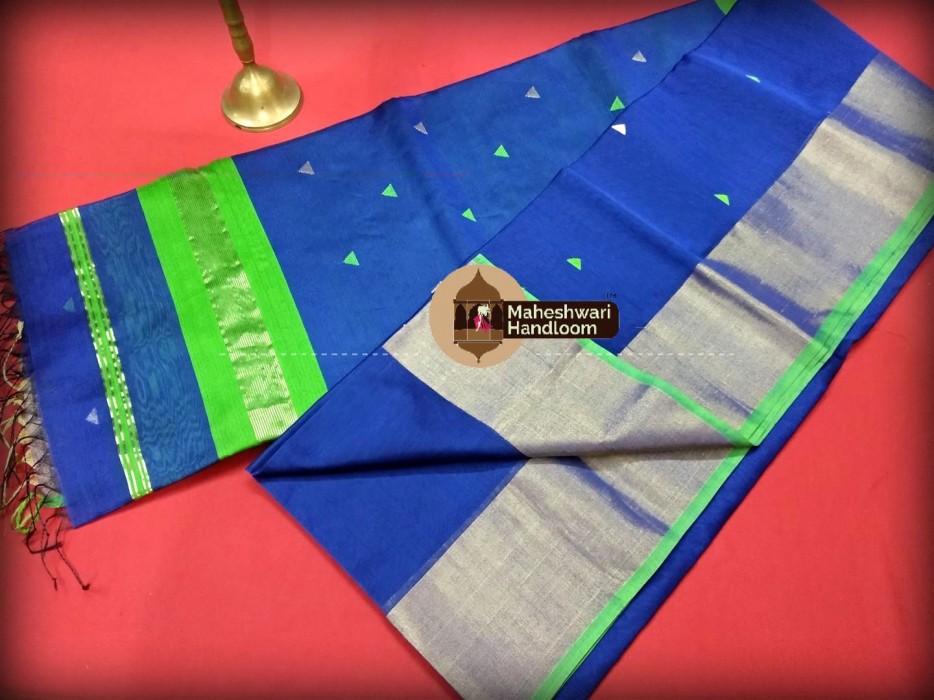 Maheshwari Royal Blue Triangle Buti - Motifs Saree