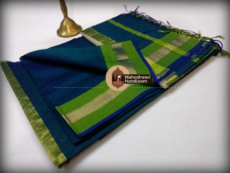  Handwoven Maheshwari Kosa Pallu Rama Green Saree