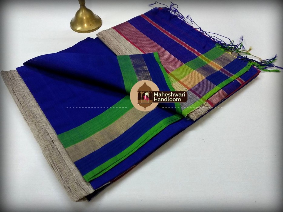 Handwoven Maheshwari Kosa Pallu Blue Saree