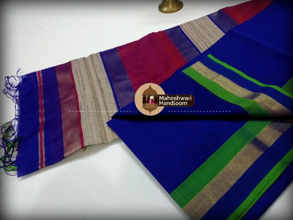  Handwoven Maheshwari Kosa Pallu Blue Saree 