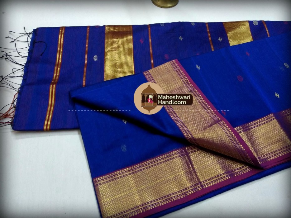 Maheshwari Royal Blue Triangle Buti - Motifs Saree