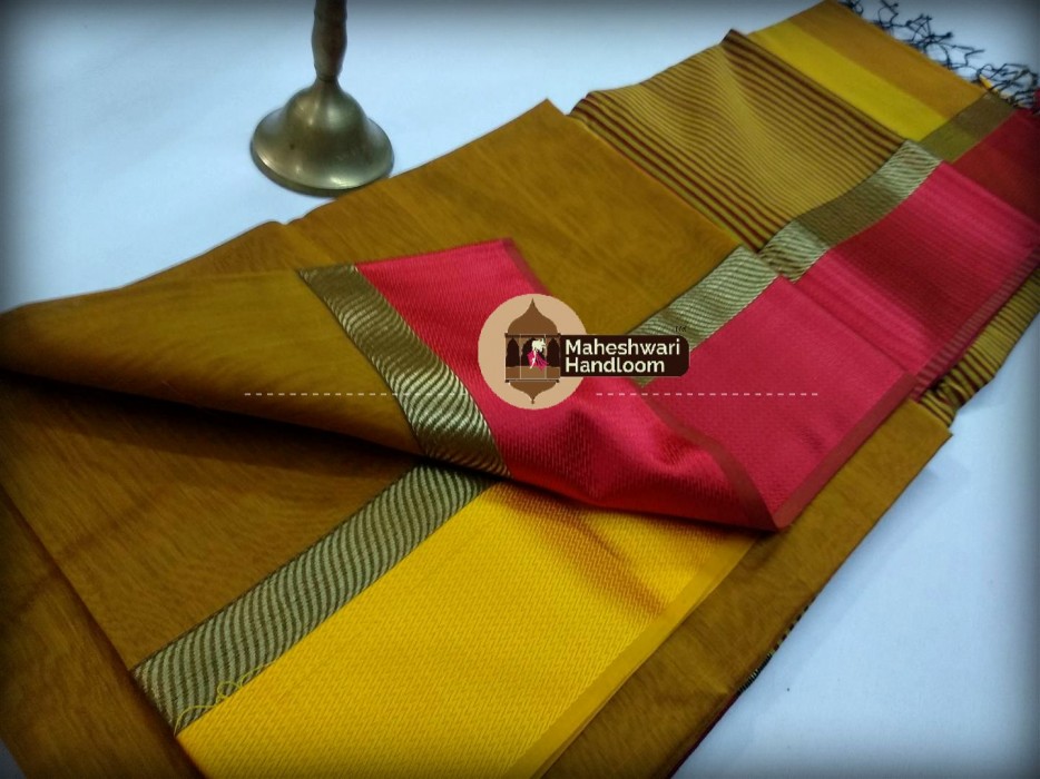 Maheshwari Mustard Yellow Ganaga Jamuna Saree