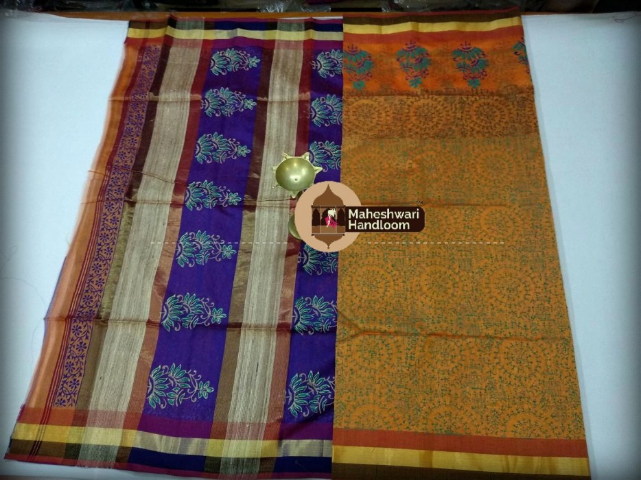 Maheshwari Yellow Handblock Print Saree