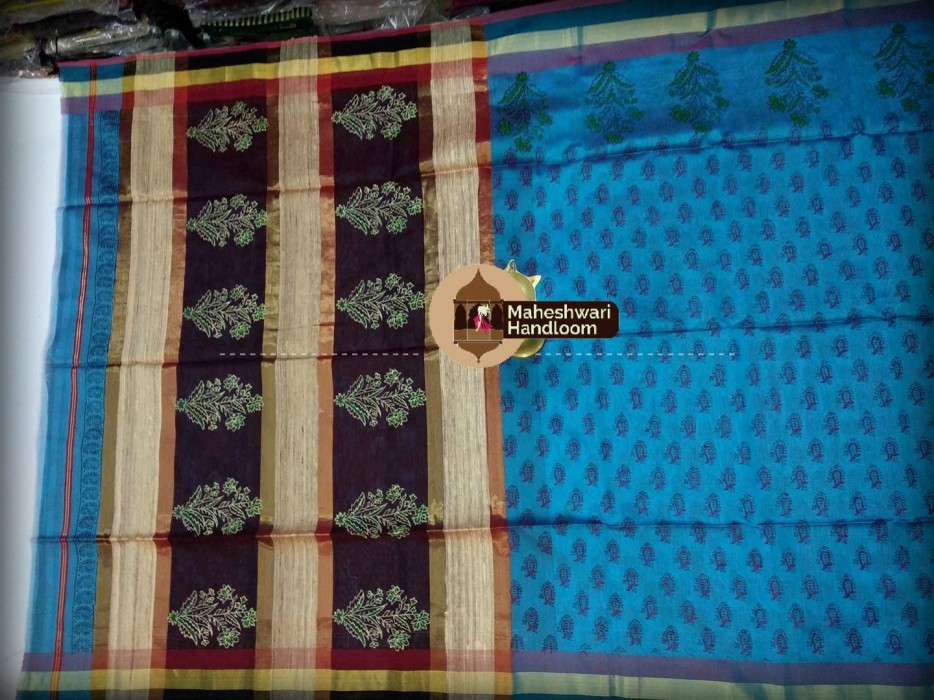 Maheshwari Firozi Handblock Print Saree